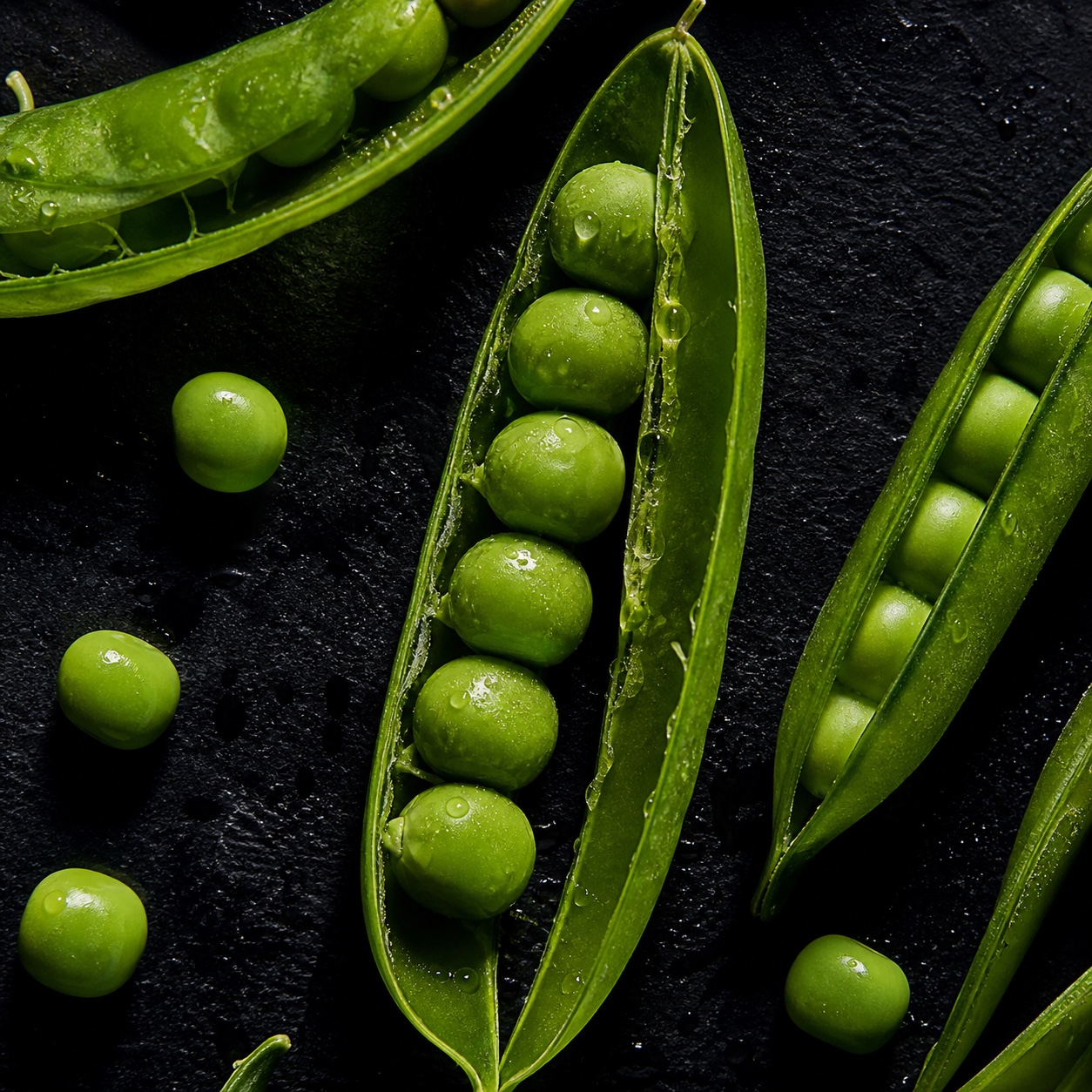 Fresh English peas split open in the pod, macro flat-lay with hard side light