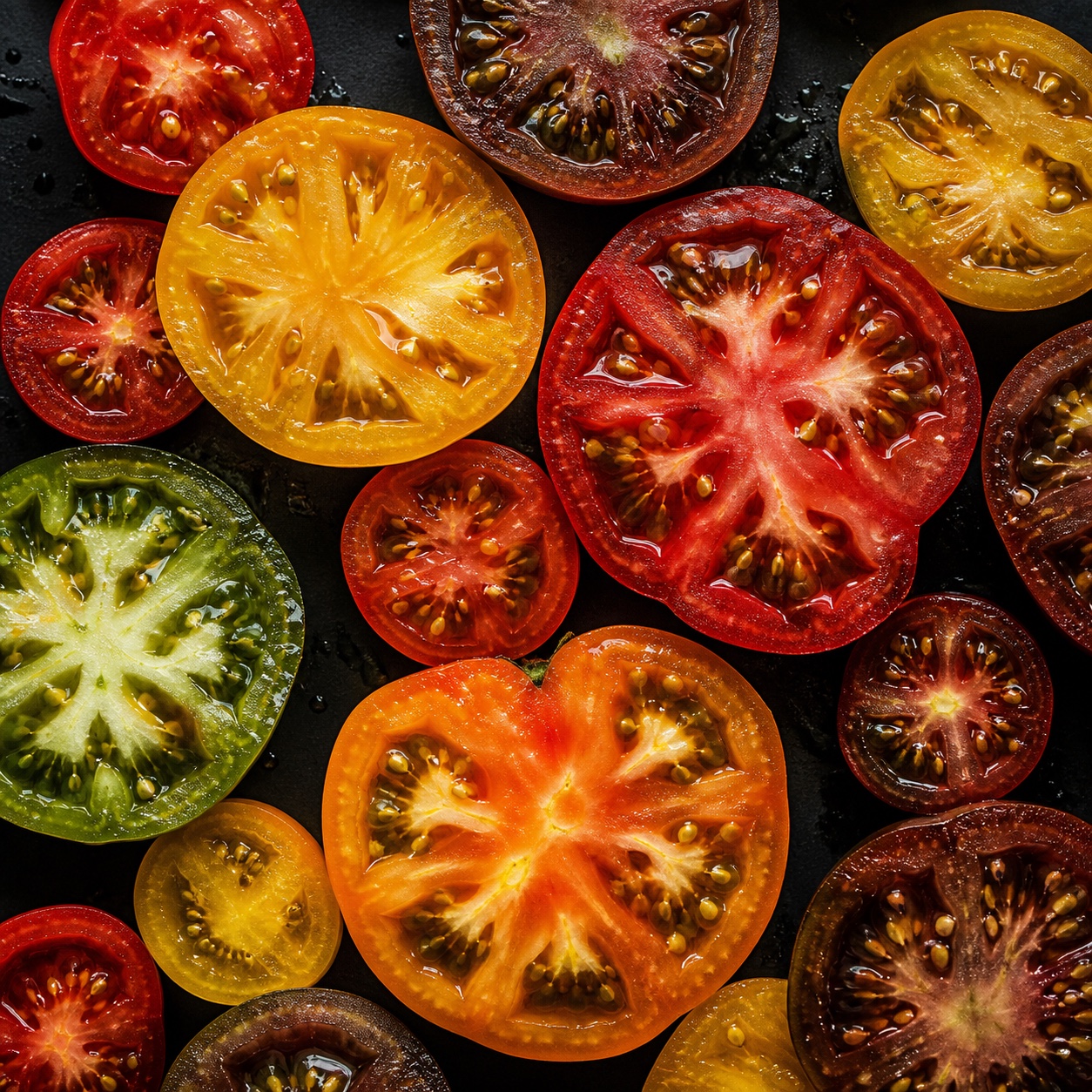 Sliced heirloom tomato in mixed colors, macro flat-lay with hard side light