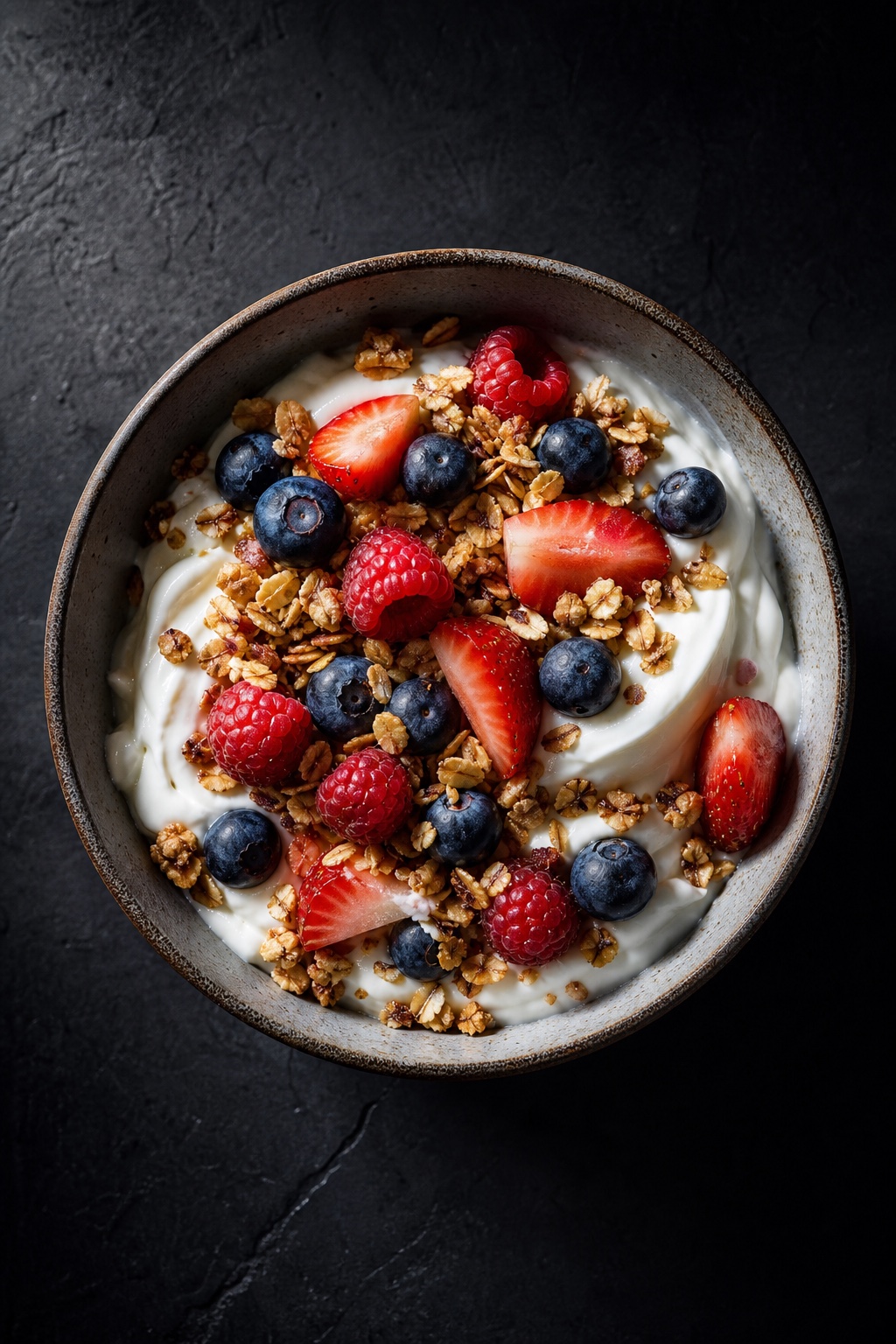 High-protein Greek yoghurt breakfast bowl with berries and granola, overhead flat-lay, gluten-free