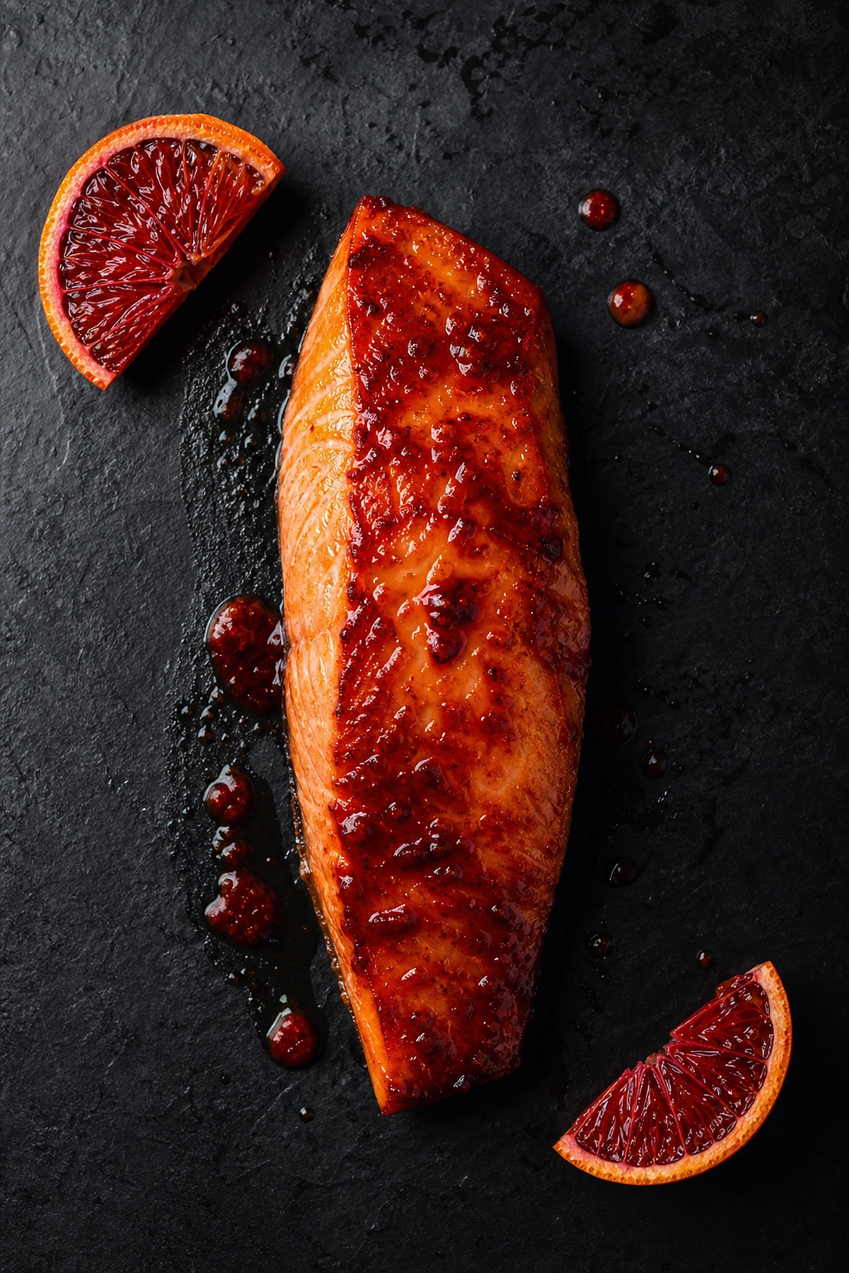 Seared salmon fillet with blood orange glaze, overhead shot on charcoal slate, high-protein gluten-free