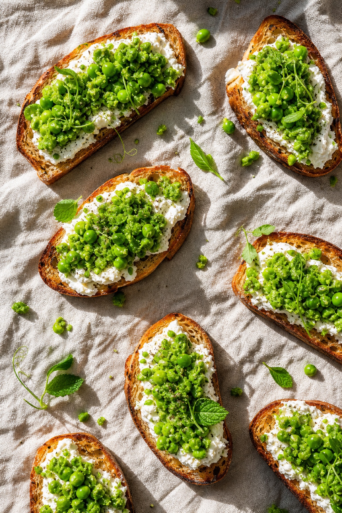 Crushed pea and ricotta crostini on a linen surface, overhead flat-lay with hard side light, vegetarian